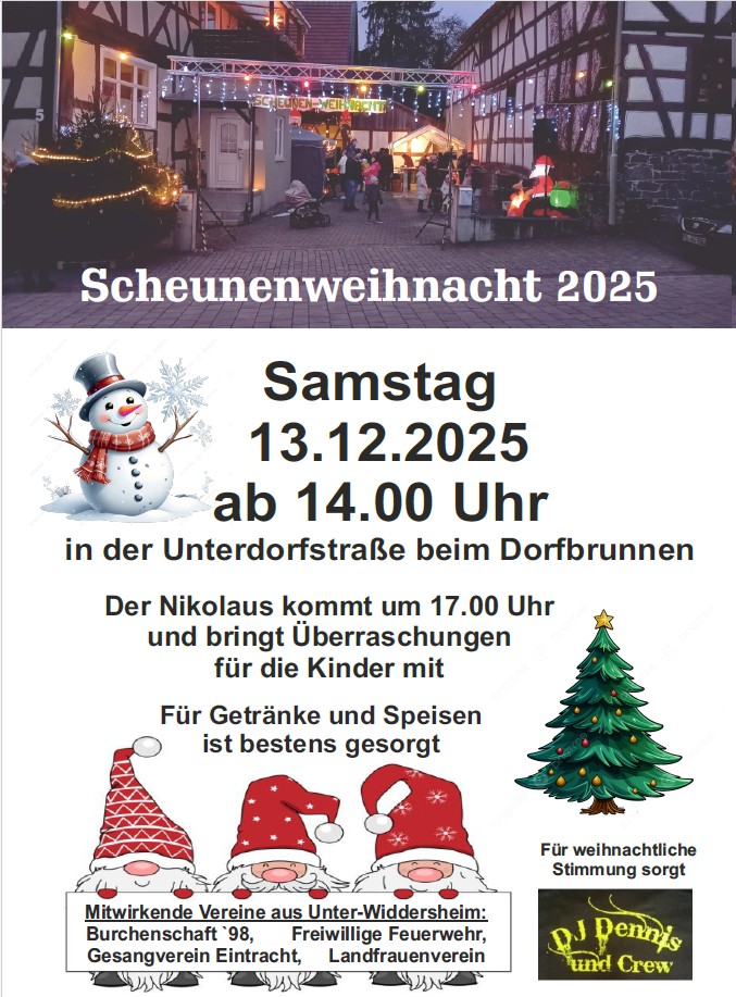 Die Scheunenweihnacht findet in der Unterdorfstr. beim Dorfbrunnen statt.