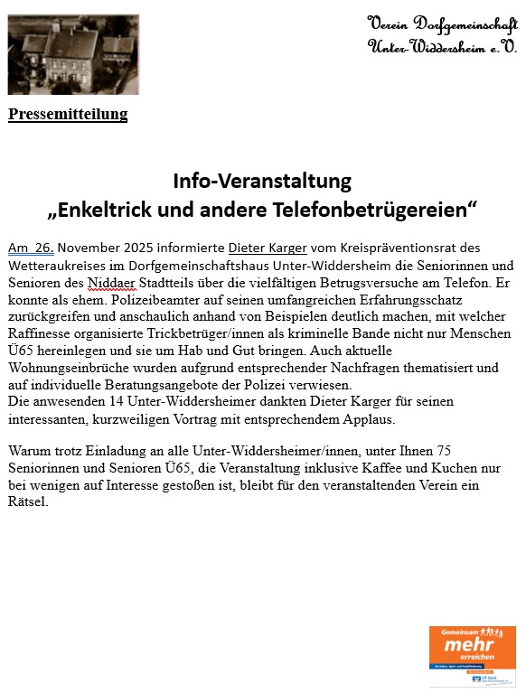 Info-Veranstaltung zu Enkeltrick und andere Betrügereien